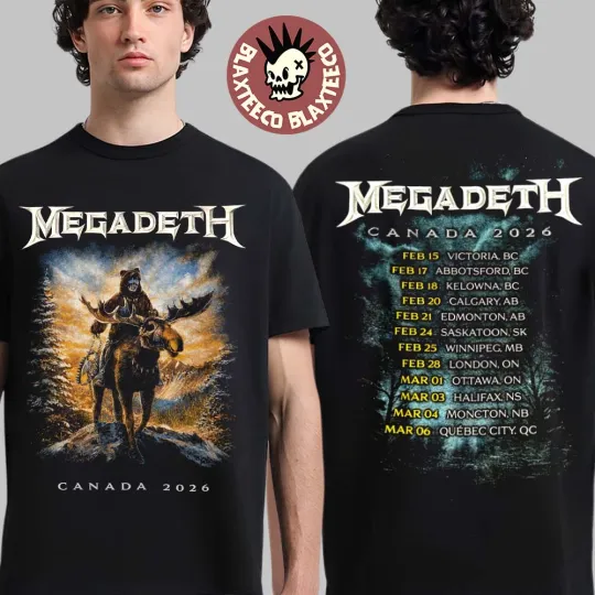 Discover Megadeth Canada 2026 Tour Vic Rattlehead Riding Reindeer With Dates Back Tee
