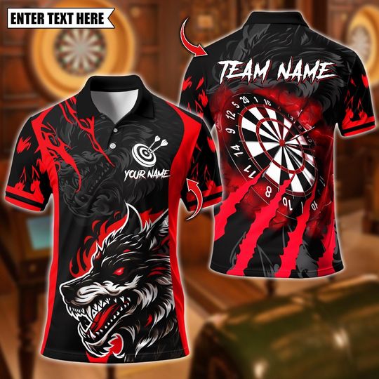 Discover Personalized Name Dart Polo Shirt, Wolf Flame Dartboard Design, Custom Team Shirt for Men, Gift for Darts Players