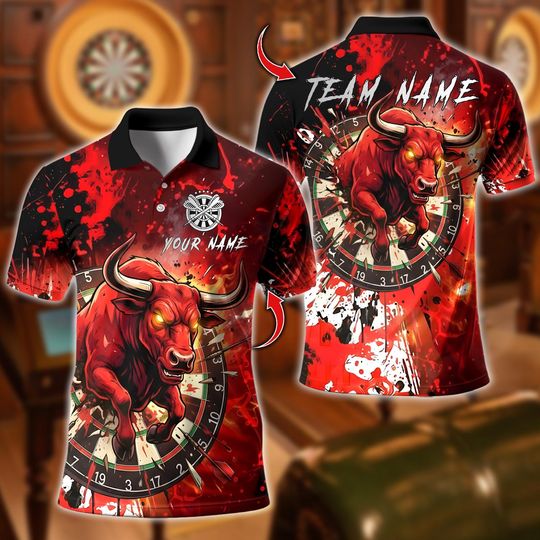 Discover Personalized Name Dart Polo Shirt, Bull Rage Fiery Dartboard Design, Custom Team Shirt for Men, Gift for Darts Players