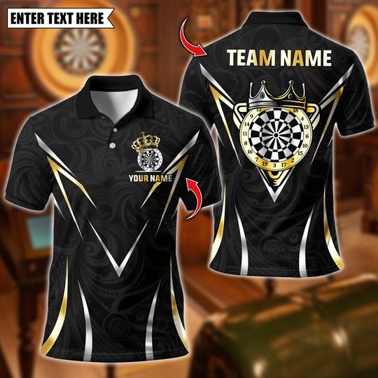 Discover Personalized Name Dart Polo Shirt, Golden King Crown Dart Design, Custom Team Shirt for Men, Gift for Darts Players