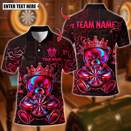 Discover Personalized Name Dart Polo Shirt, King Bear Dartboard Design, Custom Team Shirt for Men, Gift for Darts Players