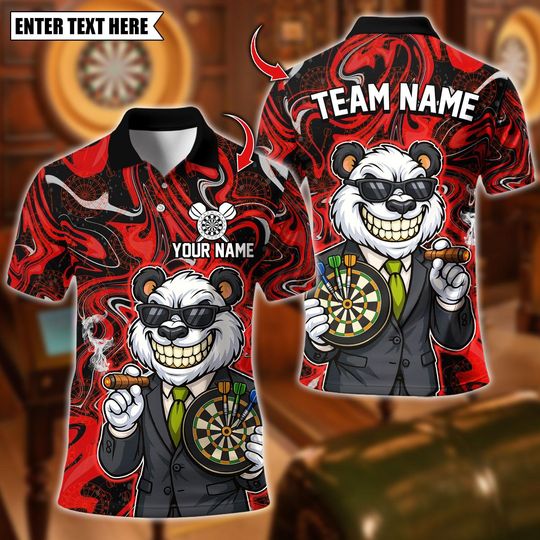 Discover Personalized Name Dart Polo Shirt, Cool Panda Dartboard Design, Custom Team Shirt for Men, Gift for Darts Players