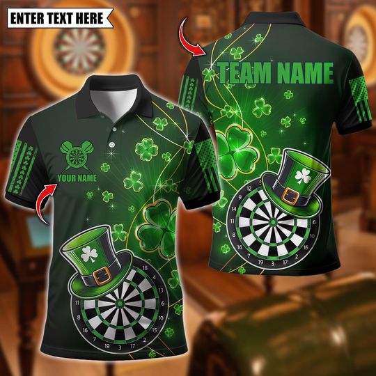 Discover Personalized Name Dart Polo Shirt, Green Glowing Shamrock Luckiest Dart Design, Custom Team Shirt for Men, Gift for Darts Players