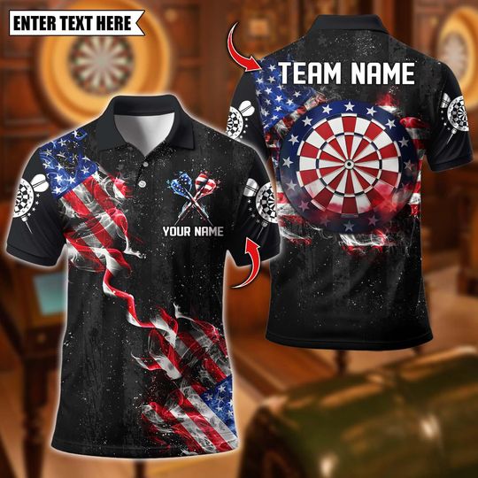 Discover Personalized Name Dart Polo Shirt, American Flag Dartboard Design, Custom Team Shirt for Men, Gift for Darts Players