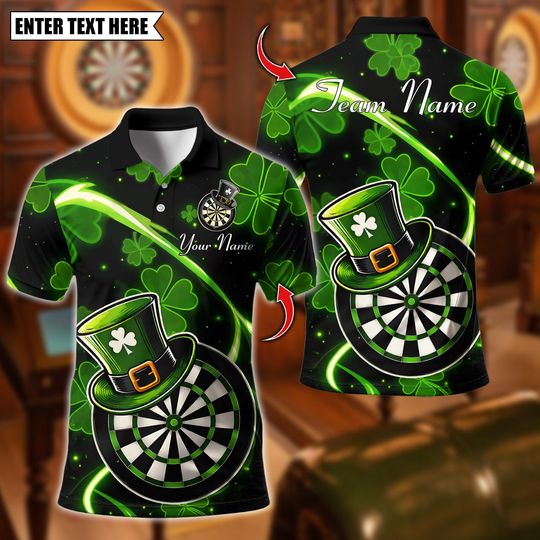 Discover Personalized Name Dart Polo Shirt, Irish Clover Lucky Hat Dartboard Design, Custom Team Shirt for Men, Gift for Darts Players