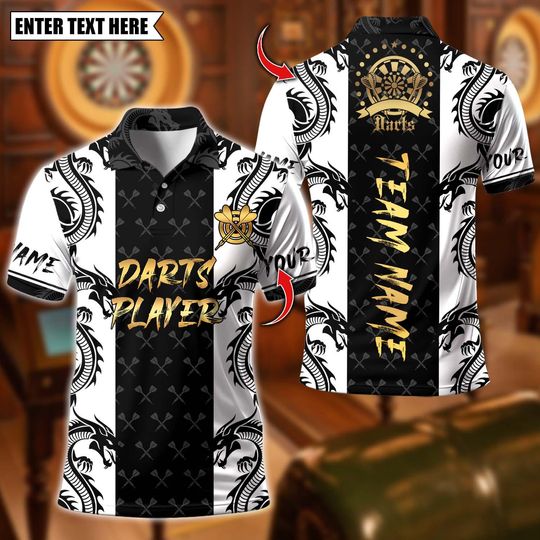 Discover Personalized Name Dart Polo Shirt, Dragon Pattern Dart Design, Custom Team Shirt for Men, Gift for Darts Players