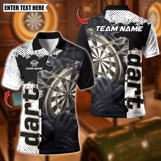 Discover Personalized Name Dart Polo Shirt, Holding Dart Board Target Shooting Design ,Custom Team Shirt for Men, Gift for Darts Players