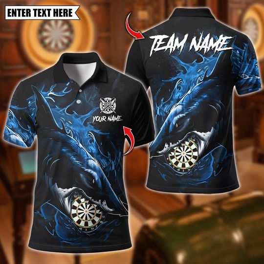 Discover Personalized Name Dart Polo Shirt, Horror Shark Darts Design, Custom Team Shirt for Men, Gift for Darts Players