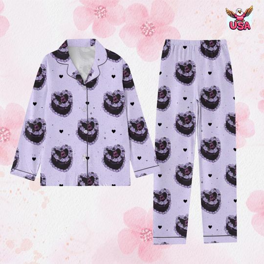 Discover Lavender Vintage Heart Cake Print Pajama Set, Gothic Coquette Aesthetic Sleepwear for Women, Gift for Her