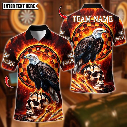 Discover Personalized Name Dart Polo Shirt, Fire Eagle Dart Design, Custom Team Shirt for Men, Gift for Darts Players