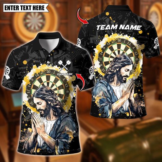 Discover Personalized Name Dart Polo Shirt, Praying Jesus Dartboard Modern Christian Art, Custom Team Shirt for Men, Gift for Darts Players
