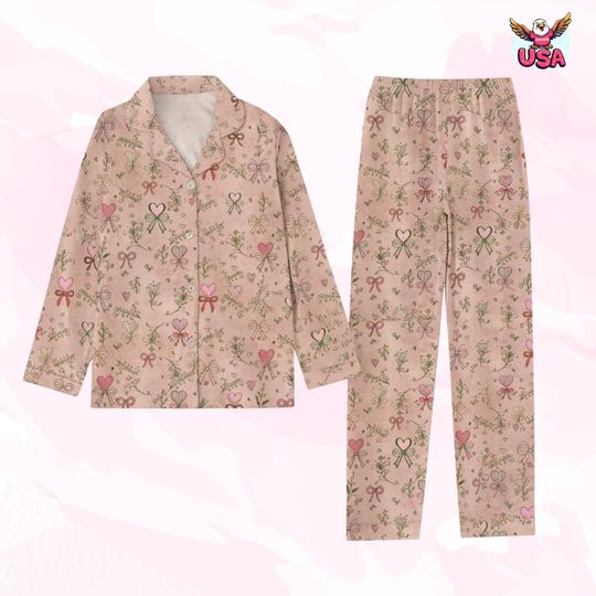 Discover Vintage Pink Heart and Bow Pajama Set, Coquette Aesthetic Botanical Print Sleepwear for Women, Gift for Her