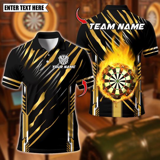 Discover Personalized Name Dart Polo Shirt, Flaming Dartboard Design ,Custom Team Shirt for Men, Gift for Darts Players