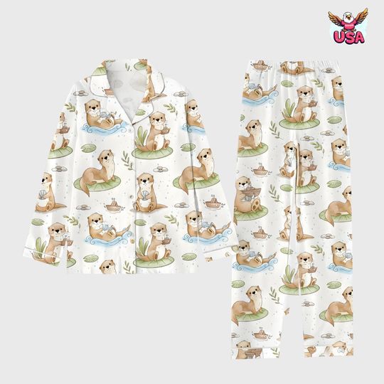 Discover Sea Otter Pajama Set, Whimsical Otter and Shell Print Sleepwear for Women Girls, Gift for Girls