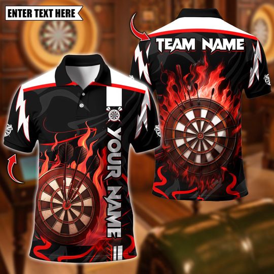 Discover Personalized Name Dart Polo Shirt, Flaming Dartboard Blaze Design ,Custom Team Shirt for Men, Gift for Darts Players