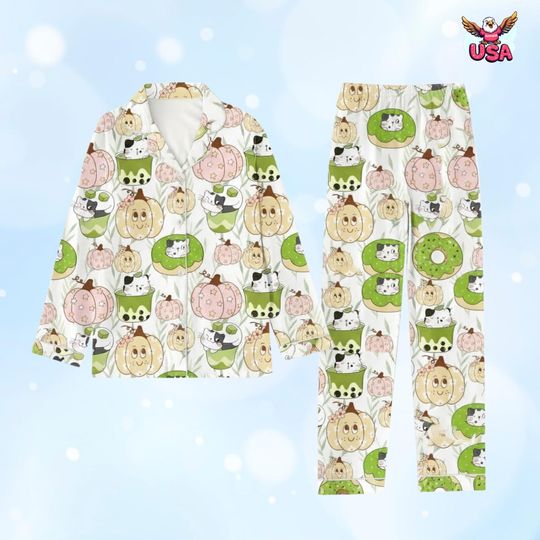 Discover Kawaii Cat Boba Pajama Set Green Pumpkin Donut Sleepwear Cute Tea Cup Animal Loungewear Gifts, Gift for Her