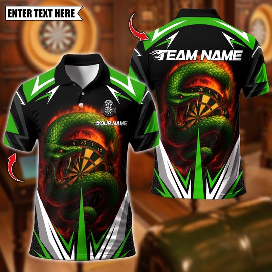 Discover Personalized Name Dart Polo Shirt, Fiery Snake With Dartboard Design ,Custom Team Shirt for Men, Gift for Darts Players
