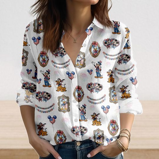 Discover Retro Disney America Anniversary Women Shirt, Mickey And Friends 4th Of July Linen-Look Shirt