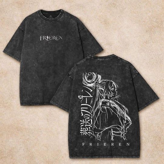 Discover Frieren Inspired Vintage Washed Black T-Shirt Anime Elf Fantasy Graphic Oversized Unisex Manga Tee
