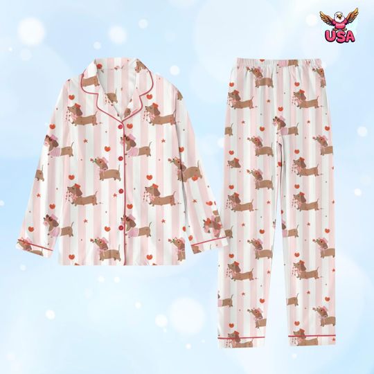 Discover Pink Stripe Dachshund Pajama Set, Adorable Wiener Dog Sleepwear Gift for Dog Lovers
