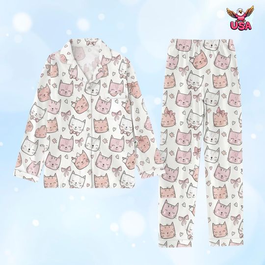 Discover Cat Pajama Set Kawaii Pink Bow Sleepwear for Women Animal Print Loungewear Gifts, Gift for Her