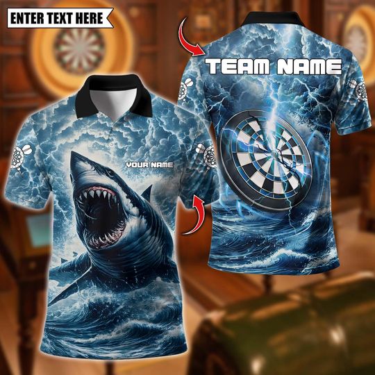 Discover Personalized Name Dart Polo Shirt, Shark Blue Lightning Darts Design, Custom Team Shirt for Men, Gift for Darts Players