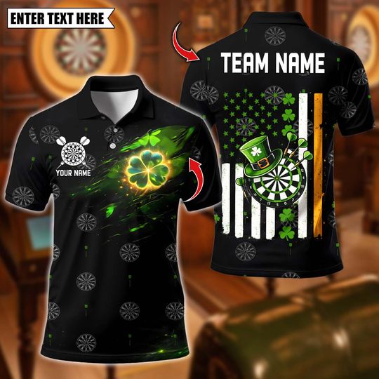 Discover Personalized Name Dart Polo Shirt, Irish American Flag Saint Patrick Day Dart Design, Custom Team Shirt for Men, Gift for Darts Players