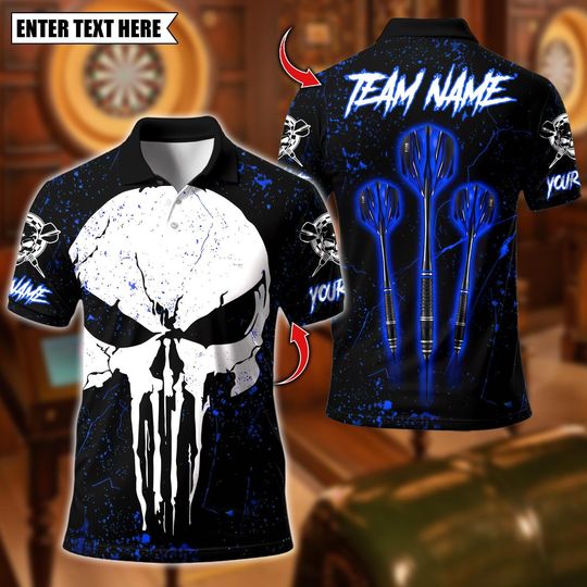 Personalized Name Dart Polo Shirt, Darts Triple Arrow Punisher Skull Design ,Custom Team Shirt for Men, Gift for Darts Players