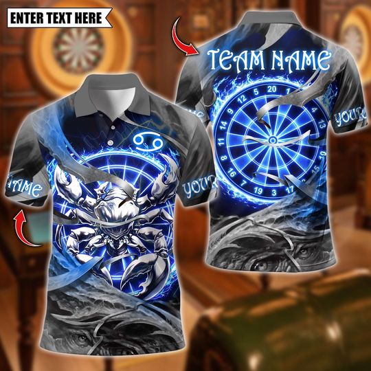 Personalized Name Dart Polo Shirt, Cancer Zodiac Dart Design, Custom Team Shirt for Men, Gift for Darts Players