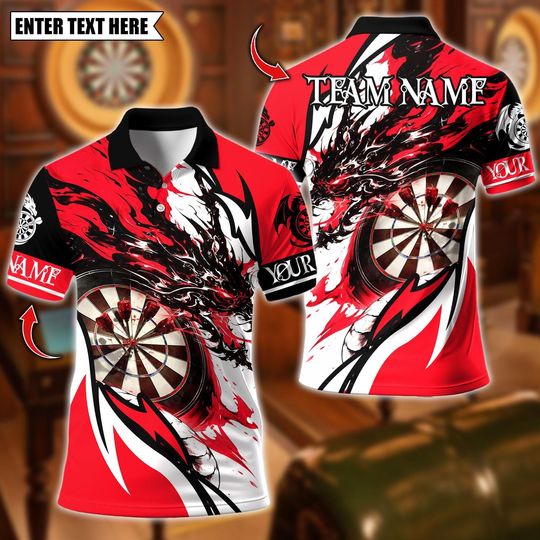 Discover Personalized Name Dart Polo Shirt, Black Dragon Flame Dart Design, Custom Team Shirt for Men, Gift for Darts Players