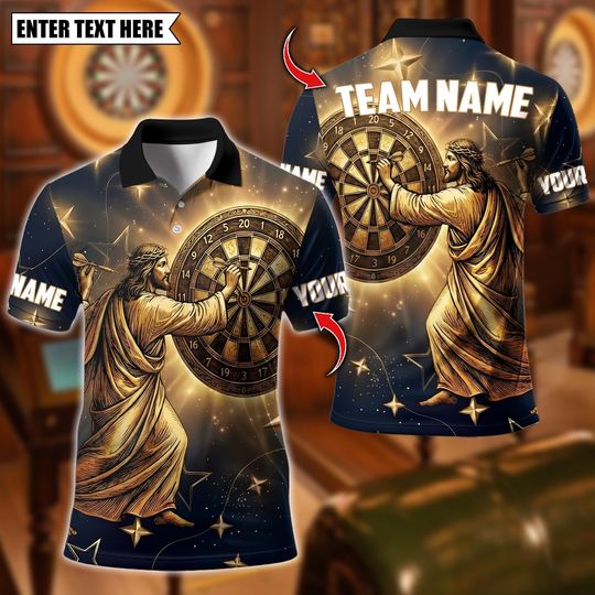 Discover Personalized Name Dart Polo Shirt, Jesus of the Golden Darts Design, Custom Team Shirt for Men, Gift for Darts Players