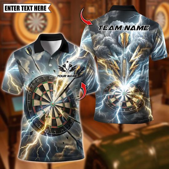 Discover Personalized Name Dart Polo Shirt, Super Thunder Strike Dart Design, Custom Team Shirt for Men, Gift for Darts Players