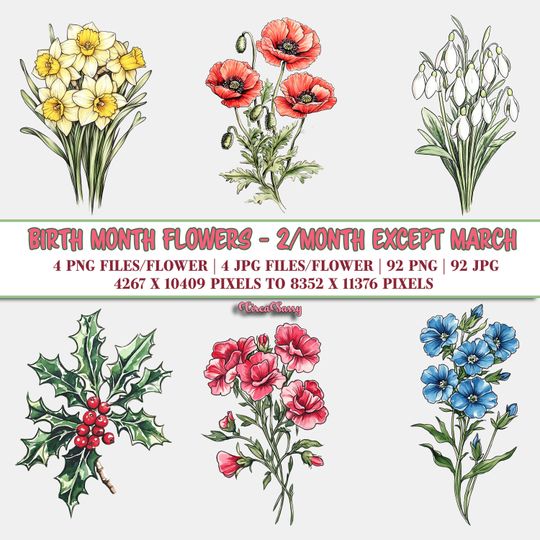 Discover Birth Month Flower Clipart: Vibrant Floral Designs - Digital Download