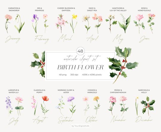 Discover Watercolor Birth Month Flower Clipart: DIY Floral PNG Clip Art (Digital Download)