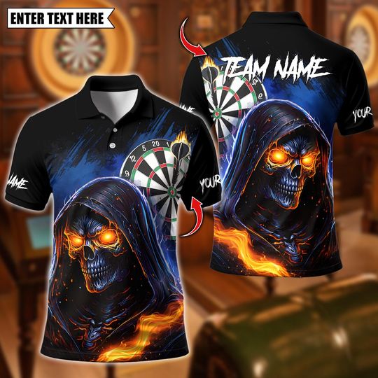 Discover Personalized Name Dart Polo Shirt, Blue Grim Reaper Fire Design, Custom Team Shirt for Men, Gift for Darts Players