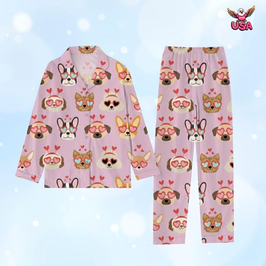 Discover Dog Heart Sunglasses Pajama Set, Cute Multi Breed Puppy Sleepwear Gift for Her
