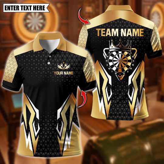 Discover Personalized Name Dart Polo Shirt, Black And Golden Funny Crown Design, Custom Team Shirt for Men, Gift for Darts Players