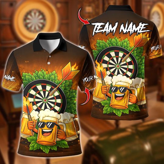 Discover Personalized Name Dart Polo Shirt, Funny Beer And Dartboard Design, Custom Team Shirt for Men, Gift for Darts Players