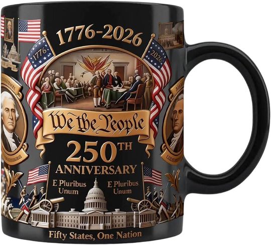 Discover 1776-2026 America 250th Anniversary Mug, We The People Patriotic Coffee Mug, Black USA Commemorative Gift, 3D Print Effect Mug