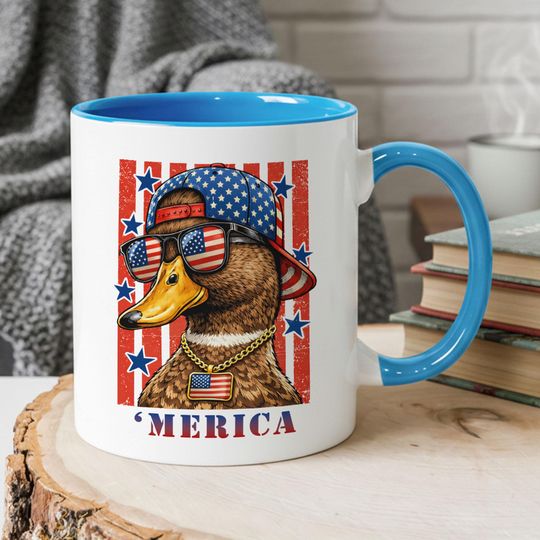 Funny Mallard Duck Merica Mug, Patriotic 4th of July Red White Blue USA Cup