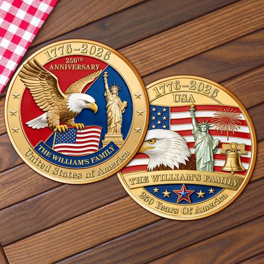 Discover Personalized USA 250th Anniversary Coin 1776-2026, Custom Family Name Challenge Coin, Semiquincentennial Eagle Liberty Gift