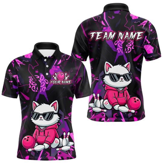 Discover Personalized Cat Bowling Polo Shirt, Custom Team Name Jersey, Cute White Cat in Pink Hoodie