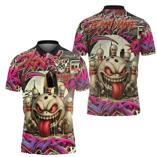 Discover Custom Bowling Polo Shirt Personalized Graffiti Monster Bowling Ball Team Jersey