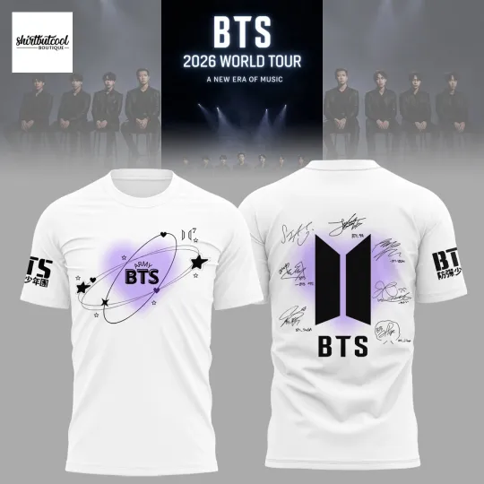 Discover Bangtan KPop BTS 2026 Signature White 3D All-Over Print T-Shirt for Fans