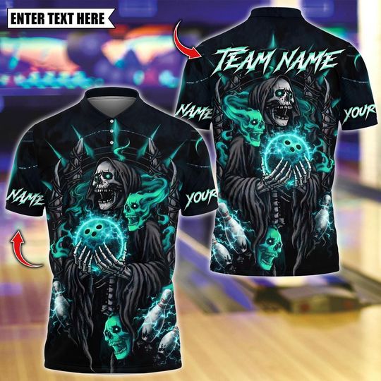 Discover Custom Bowling Team Polo Shirt, Thunder Grim Reaper Bowling Design, Personalized Bowling Jersey