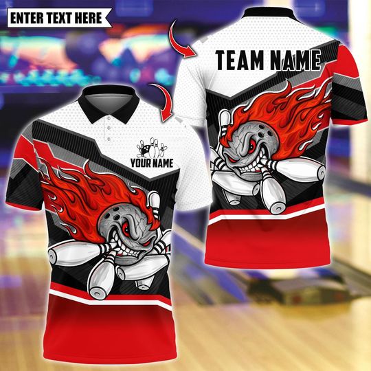 Discover Custom Bowling Team Polo Shirt, Flaming Angry Bowling Design, Personalized Bowling Jersey