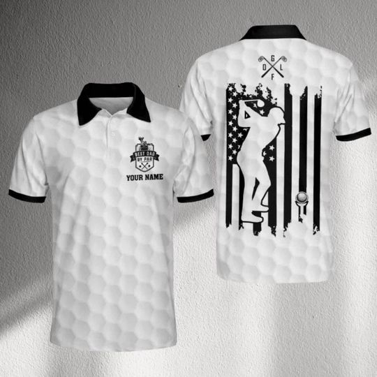 Discover Custom Name Golf Polo Shirt with USA Flag and Golf Print for Fathers Day