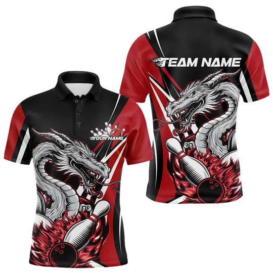 Discover Personalized Dragon Bowling Polo Shirt, Red Black Fire Bowling Ball Shirt
