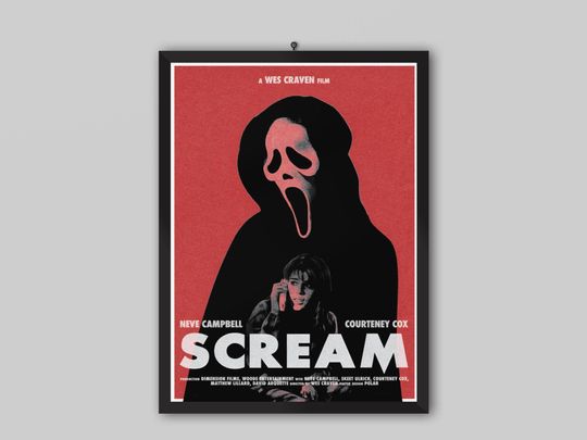 Discover Scream 1966 Movie Poster. Wes Craven Movie. Neve Campbell, Courteney Cox, Vintage Poster. Retro Movie Poster