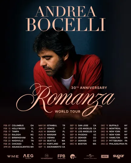 Discover Andrea Bocelli 2026 Tour Dates Romanza 30th Anniversary World Tour poster